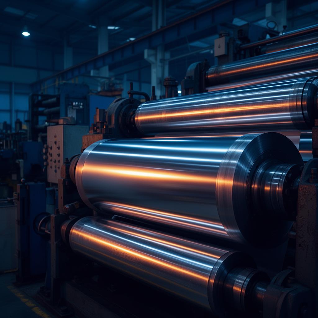 India Foils rolling mill - aluminium foil being processed on polished steel rollers